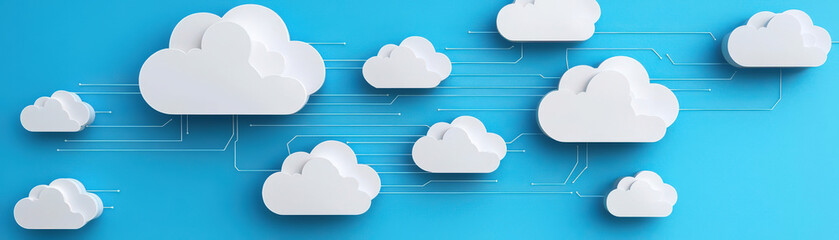 Multiple cloud icons interconnected by lines of code, illustrating cloud deployment strategies, Cloud Deployment, System Rollout