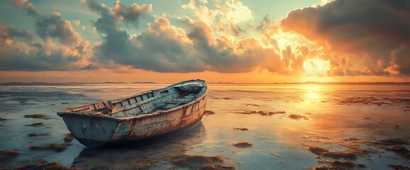 Wall Mural - A weathered wooden boat sits on a sandy beach at sunrise with the golden sun breaking through the clouds.