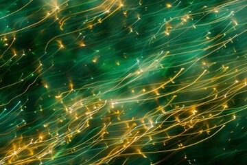 Poster - A vibrant display of swirling golden lights dances across a deep green backdrop, creating a captivating visual effect that evokes a sense of celebration and wonder.