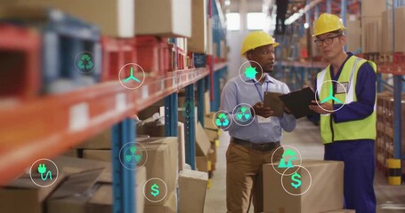 Poster - Animation of eco icons and data processing over diverse people working in warehouse