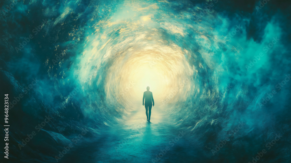 Visual representation of a lone figure entering a tunnel of intense ...