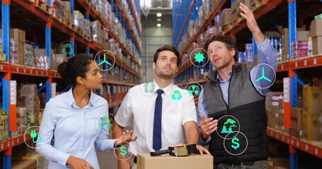 Poster - Animation of eco icons and data processing over diverse people working in warehouse