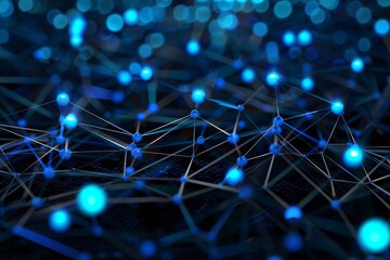 Poster - Interconnected luminous blue nodes and lines create a striking visual of digital networking, set against a dark, blurred background suggesting depth and complexity.