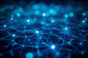 Fototapete - The image showcases a network of interconnected lines and glowing points in blue, resembling a digital landscape that evokes a sense of technology and connectivity.