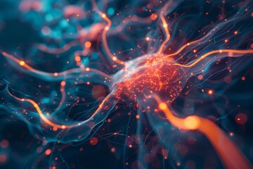 Poster - This vivid digital artwork depicts neurons firing and transmitting signals, showcasing intricate connections in an abstract style, illuminated by blue and orange hues.