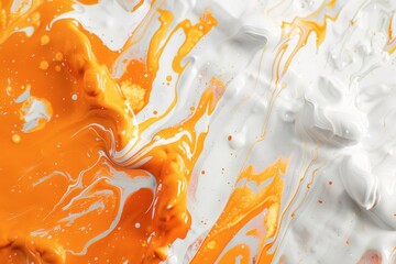 Poster - Bright orange and white paint blend seamlessly on a canvas, creating dynamic swirls and textures that highlight the creative process of abstract art.