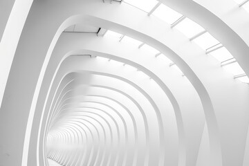 Poster - A modern corridor highlights the elegant curvature of white walls and abundant natural light flooding through skylights, creating an open and airy atmosphere.