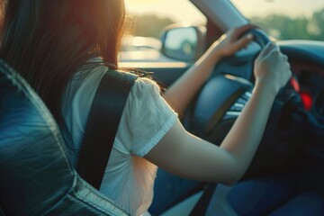Poster - A woman holding the steering wheel of her car, ready to drive