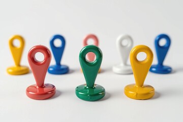 Aufkleber - A collection of colorful pushpins arranged on a white surface, ideal for illustrations and designs