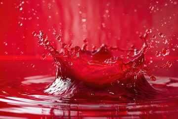 Poster - A close-up shot of a splash of water on a red surface, creating a vibrant and dynamic effect