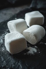 Aufkleber - Four marshmallows placed on a dark or black surface, perfect for use in packaging design, advertising, or editorial content