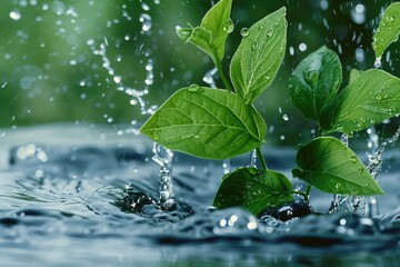 Poster - A small plant is growing out of the water's surface, surrounded by calm aquatic environment