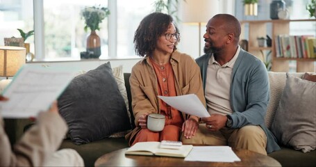 Poster - Couple, paper or meeting in home for investment, budget planning or finance opportunity on sofa. People, advisor and talking in living room with documents, contract review and happy for loan approval