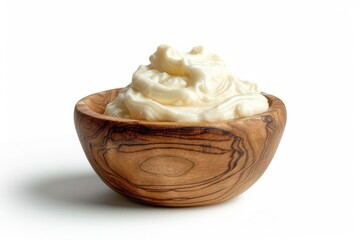 Wall Mural - A wooden bowl filled with whipped cream on a table, ideal for desserts and snacks