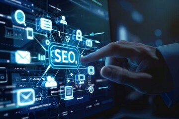 Poster - A business professional is deeply engaged with digital marketing visuals emphasizing SEO strategies and analytics in a sleek, tech-driven workspace.