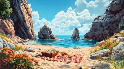 Wall Mural - A picturesque picnic set on a sandy beach surrounded by towering cliffs and the sparkling blue ocean.