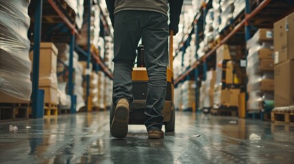 Leinwandbilder - A person walks down a long industrial warehouse aisle
