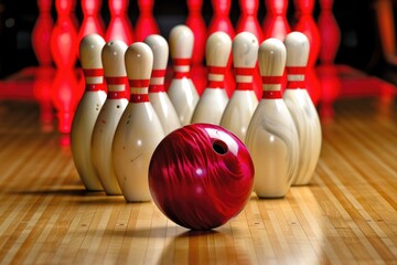 Poster - A single red bowling ball sits atop a wooden floor, ready for play