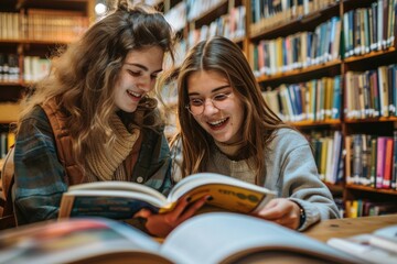 Poster - Two friends reading together in a quiet library setting