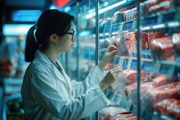Poster - A person studying meat options in a store display