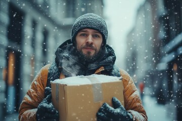 courier delivering package in snowy urban winter landscape with snowfall