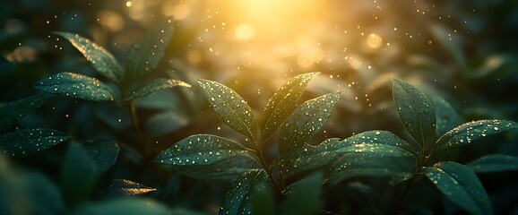 Closeup of lush green leaves with dew drops glistening in the morning sunlight.