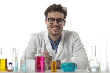 Aufkleber - A scientist in a lab coat sits at a table surrounded by test tubes, conducting experiments