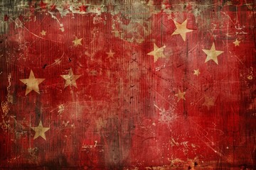 A textured background of China's flag, predominantly red with distressed gold stars, representing national identity and cultural heritage with a vintage flair.