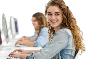 Wall Mural - A woman sits in front of a computer on a desk, focused on her work