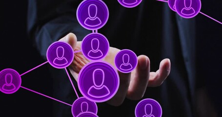 Poster - Animation of connections with people icons over hand of caucasian man