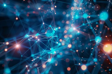 Poster - A vibrant abstract representation shows interconnected networks with luminous points in blue and orange, illustrating technological connections and data flow concepts.