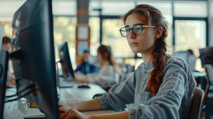 Wall Mural - A person sitting in front of a computer monitor, focused on their work