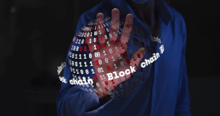 Poster - Animation of globe with data processing and text over hand of caucasian man on black background