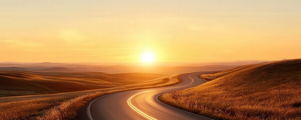 Wall Mural - bright sunrise illuminating a winding road, symbolizing the start of a new path