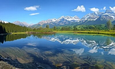 Sticker - A serene mountain lake reflecting the snow-capped peaks that surround it. Video