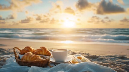 A wicker basket filled with croissants, a cup of coffee, and a pastry sits on a white cloth beside the ocean at sunrise.