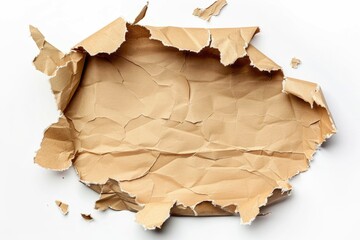Poster - A close-up shot of a torn brown paper fragment on a white surface, with a rough edge and a hint of texture