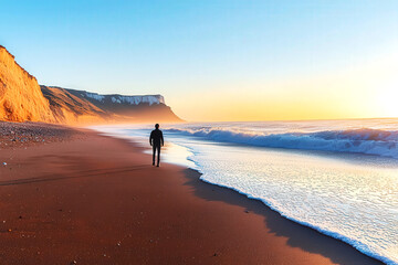 Wall Mural - person standing on a beach at dawn, ready to begin a new day