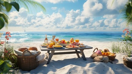 Wall Mural - A picnic table on a white sand beach with a view of the ocean, with fresh food and a bottle of wine.