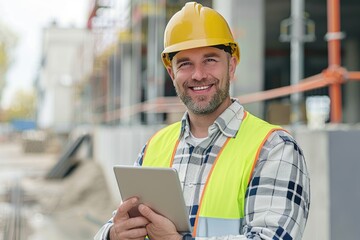 Poster - Construction worker holds a tablet on site, suitable for industry or tech-related uses