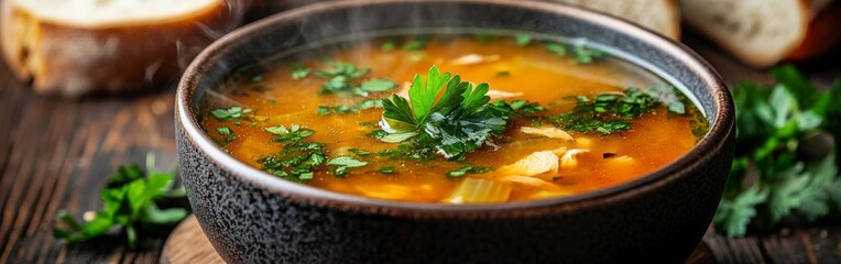 Steaming Chicken Broth with Fresh Parsley on Rustic Table