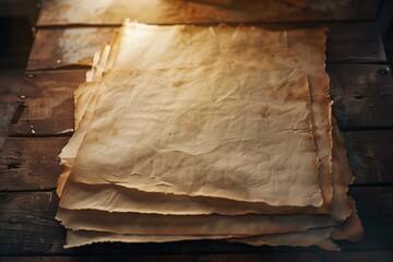 Poster - A stack of vintage papers sits atop a worn wooden table, ready for study or display