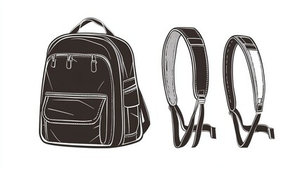 Silhouette of a school backpack, technical fashion illustration. A vector mockup showing front and 3/4 views of a unisex bag design, presented as a CAD sketch