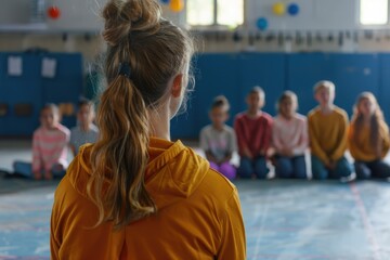 Poster - A group of children sitting on the floor in a gym, perfect for educational or sports-themed projects