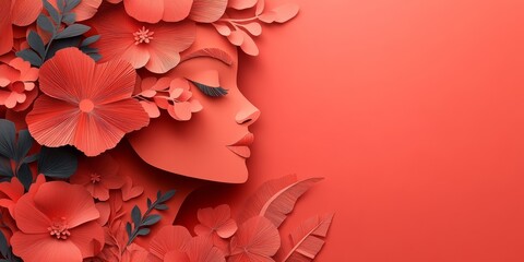 Illustration of face and flowers style paper cut with copy space for international women's day, Generative AI