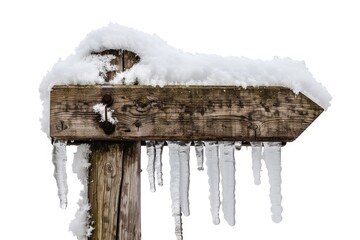 Canvas Print - A wooden sign covered in snow and icicles, perfect for winter scenes or festive decorations