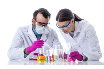 Poster - Two scientists in lab coats conducting experiments at a workstation
