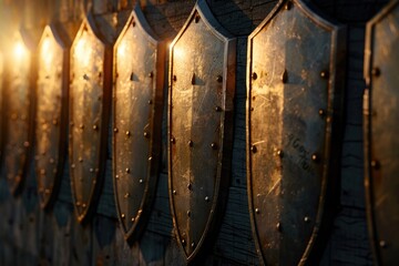 A row of metal shields mounted to a wall, suitable for military or industrial settings