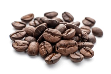 Poster - A close-up view of a pile of coffee beans on a white surface