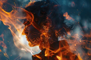 A person with flames or sparks on their face